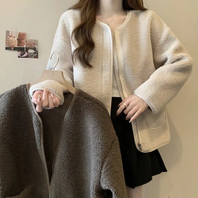 

Куртка женская оверсайз из овечьей шерсти, модный Свободный Топ с круглым вырезом и длинным рукавом, осень