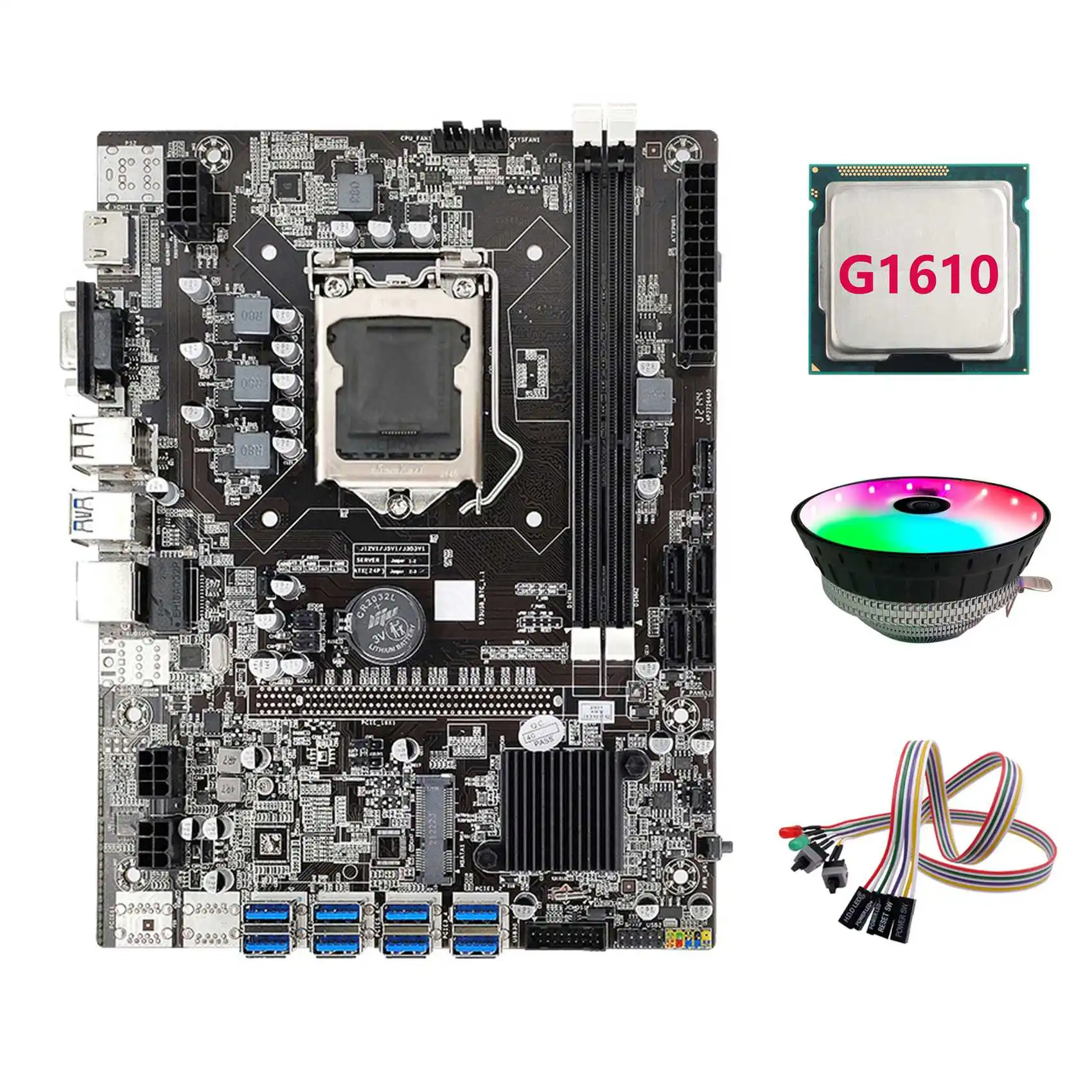 B75 ETH Mining Motherboard 8XPCIE to USB+G1610 CPU+Dual Switch Cable with Light+RGB Fan LGA1155 B75 Miner Motherboard