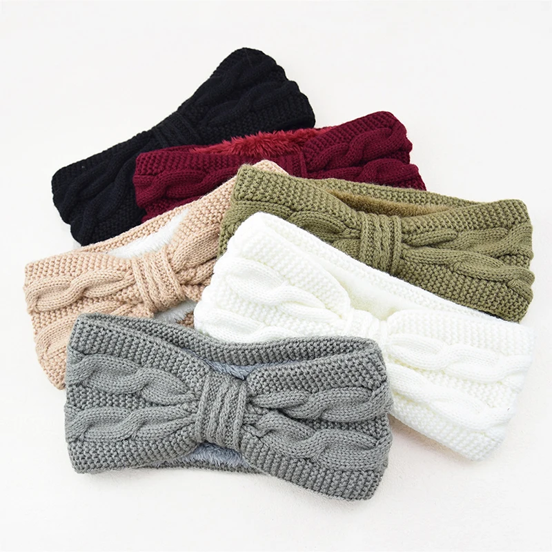 

Autumn Winter Thicken Knitting Woolen Wide Headband For Women Plush Lined Headwrap Turban Hairbands Keep Warm Female Ear Warmers