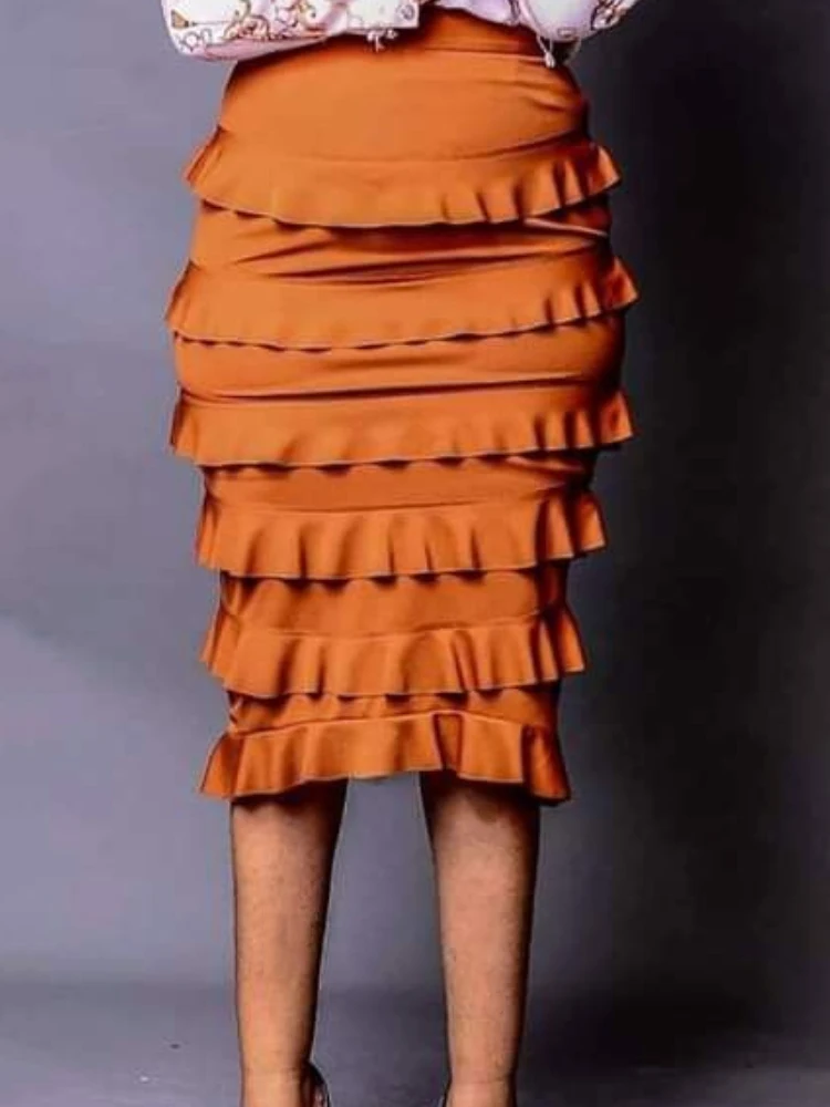 

Brown High Waist Skirt Elegant Women Summer Ruffles Package Hip Bodycon Midi Skirts Elastic Satin Office Work Evening Party Wear