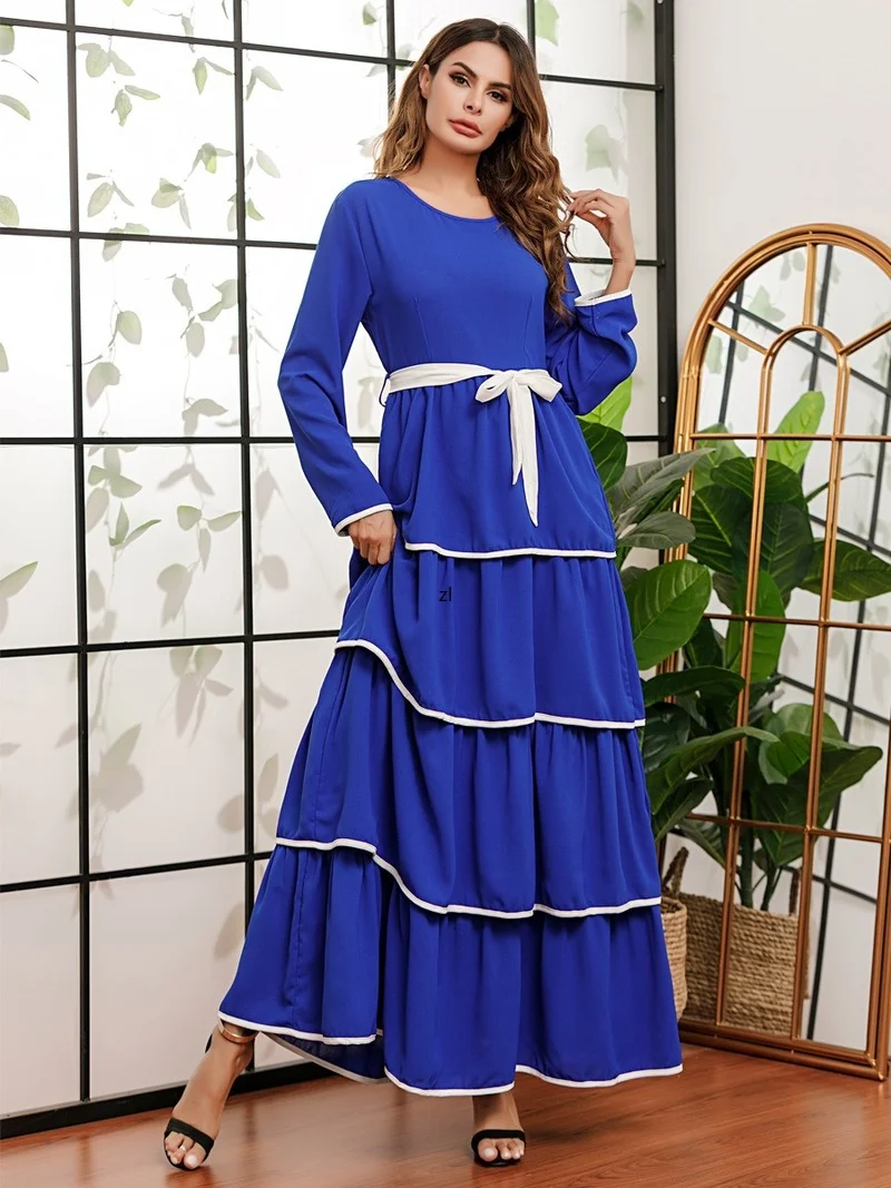 

Layered Maxi Dress for Women Fall 2020 Elegant Blue O Neck Long Sleeve Loose Belted Arabic Muslim Turkey Clothes Chiffon