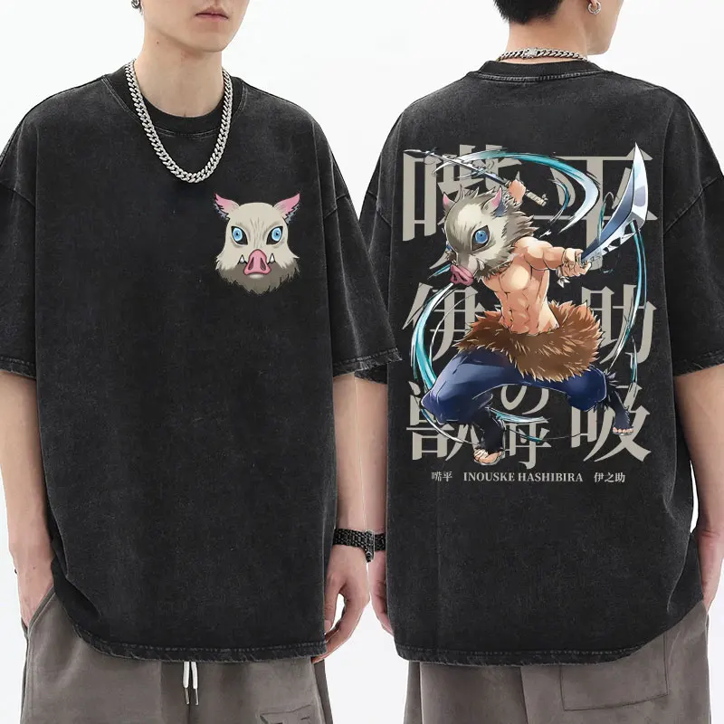 

Anime Demon Slayer T Shirts 100% Cotton Wash with Water Short Sleeve Tees Beast Fitness Hashibira Inosuke Vintage Wash T-shirt