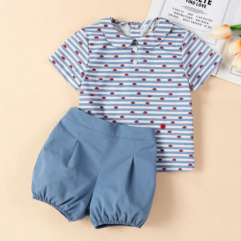 

2022 Summer Baby Girl Clothes Set Kid Girls Babi Doll Collar Striped Printed Shirts Tops Short Pants Toddler Casual Cute Outfits