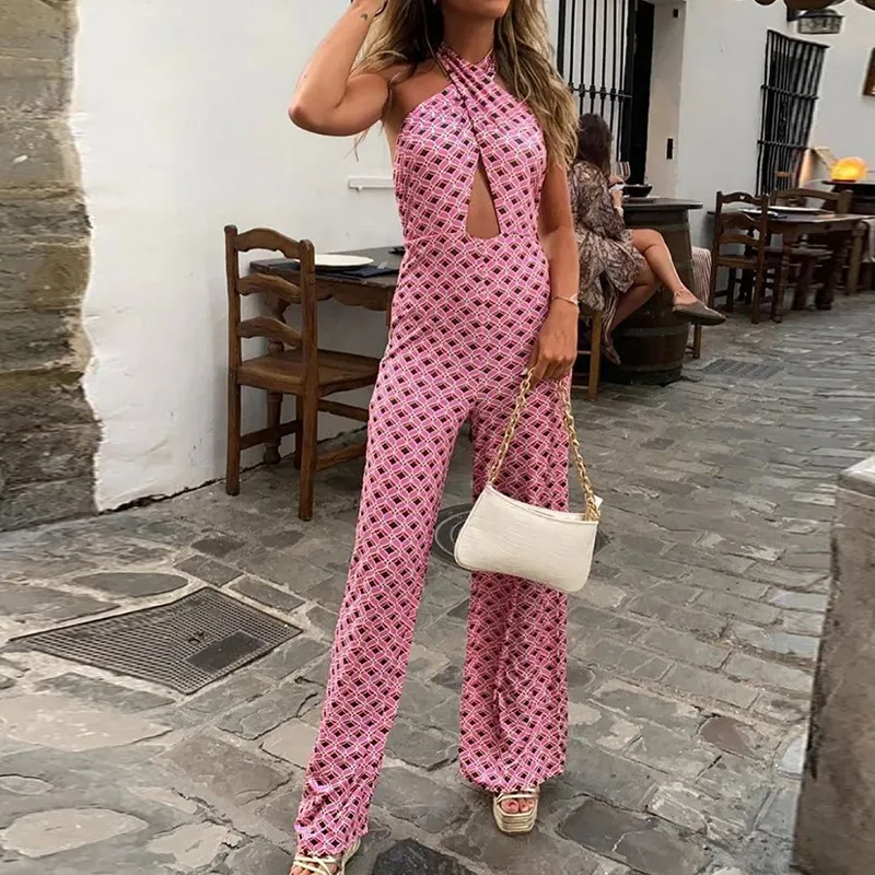 

Mandylandy Women Elegant Print Bohemian Jumpsuit Fashion Y2K Sleeveless Bandage Halter High Waist Corset Wide Leg Trouser Romper