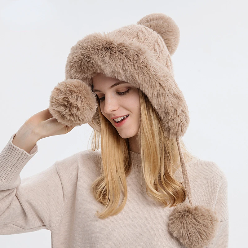 Winter Warm Knitted Hat Fur Women Hat with Earflap Two Balls Lady Outdoor Thicken Plush Fluffy Cap Russian Hats for Women