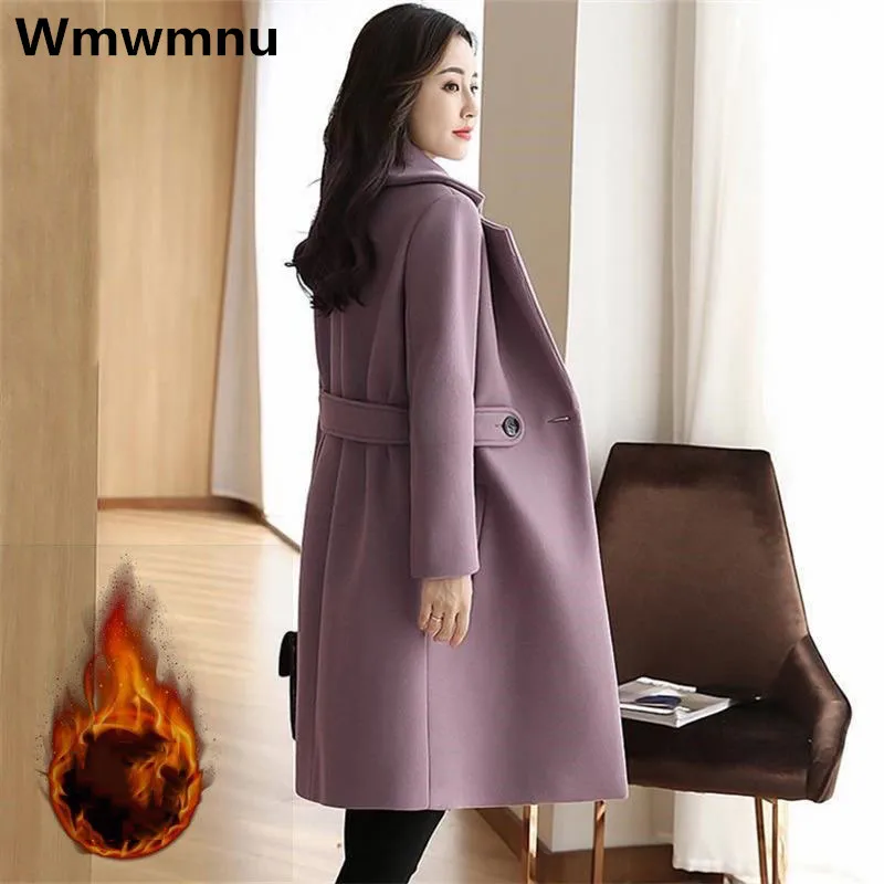 

Elegant Slim Long Woolen Coat With Belt Winter Warm Thicken Office Lady Jacket Korean Fashion Loose Blend Trench 80kg Overcoat