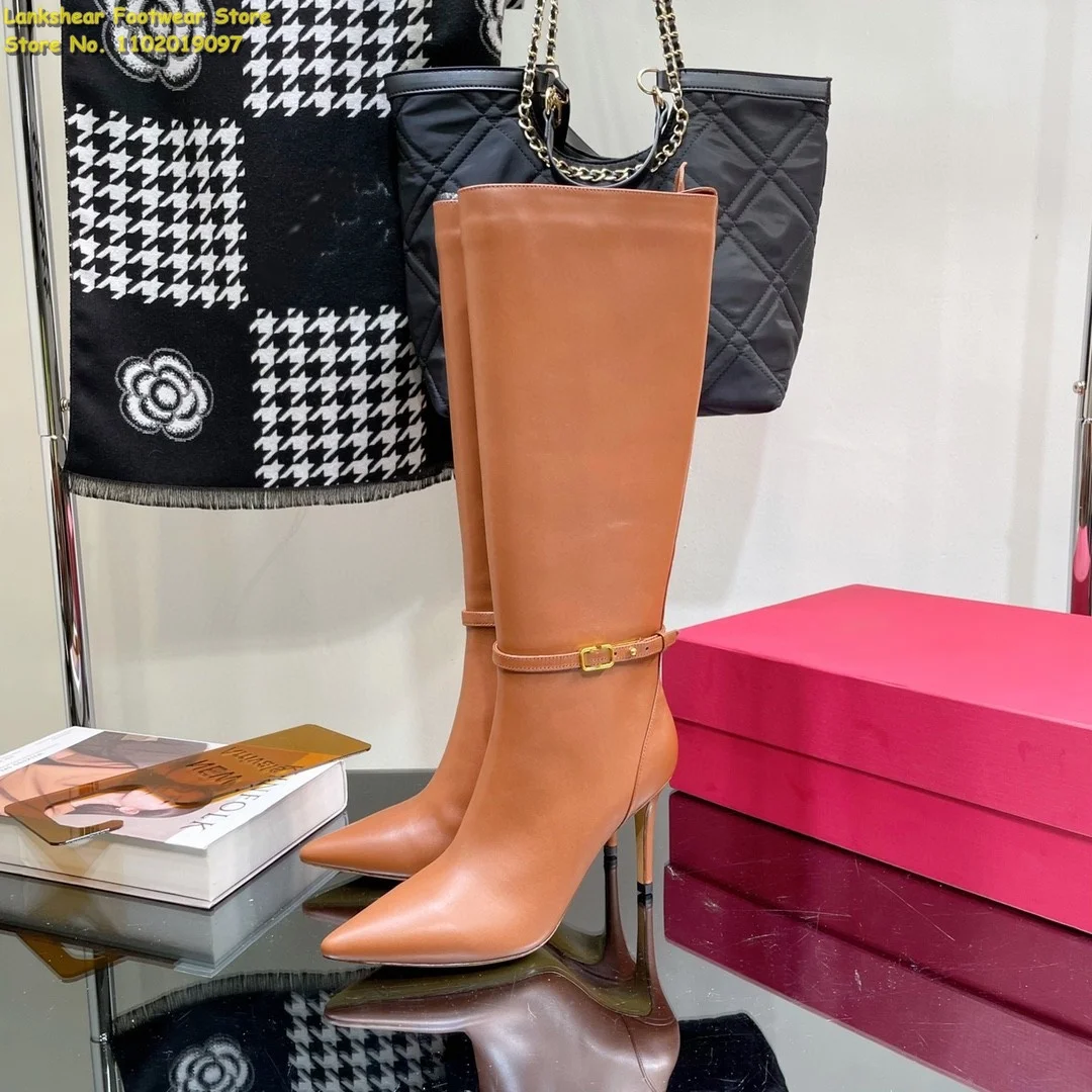 

Women Pointed Toe Stiletto Knee High Boots Black White Interior Zipper Vegan Leather Plus Size 34-43 Winter New Arrival in Stock