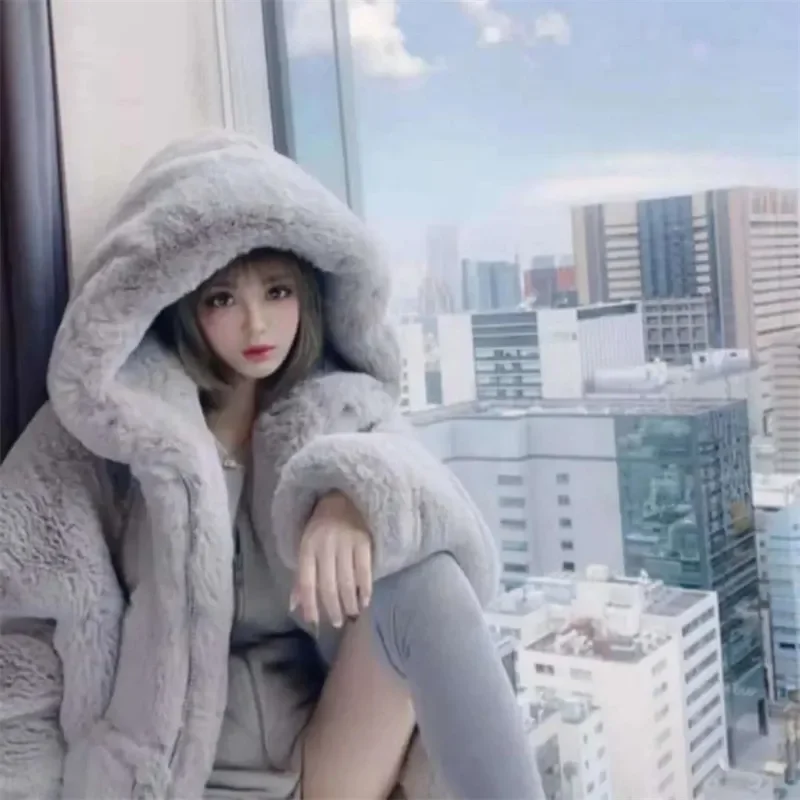 

Autumn and Winter Lamb Plush Imitation Mink Rex Rabbit Fur Coat Women Hooded Jacket