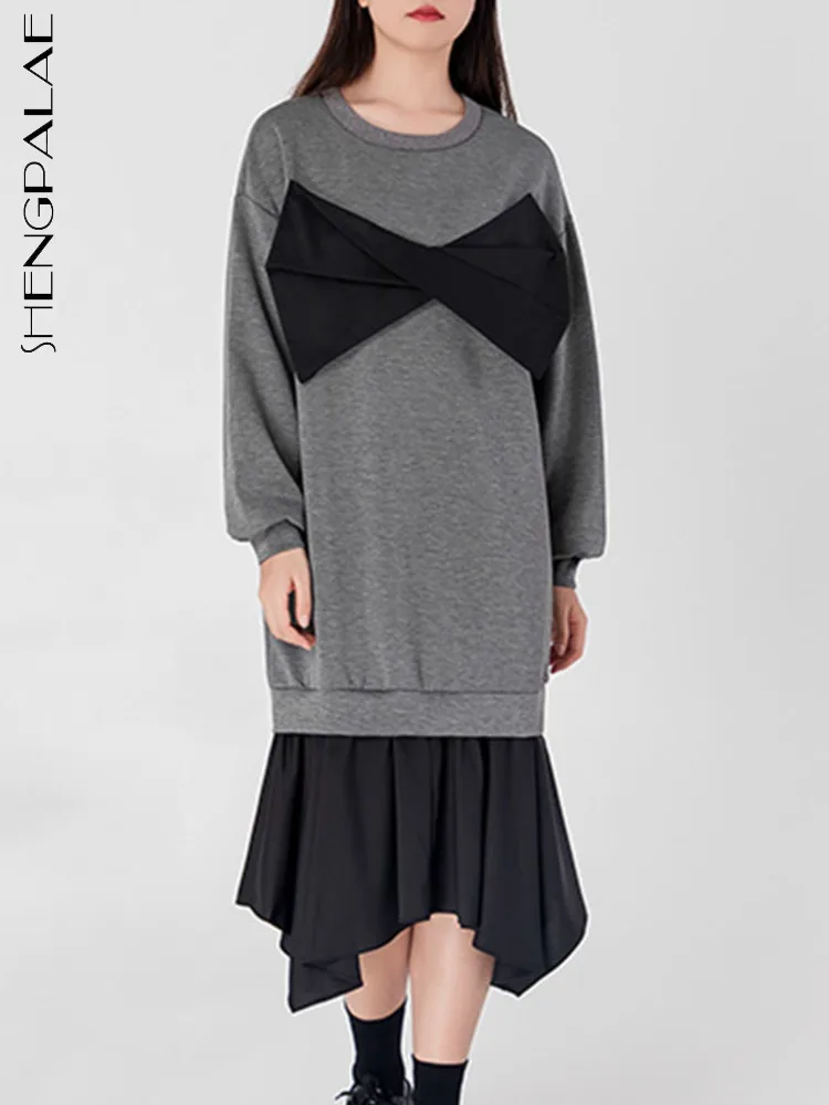 

SHENGPALAE платье-Толстовка для женщин, модное платье с бантом в стиле пэчворк, контрастный цвет, Повседневное платье, осень 2023, новинка, 5R5761