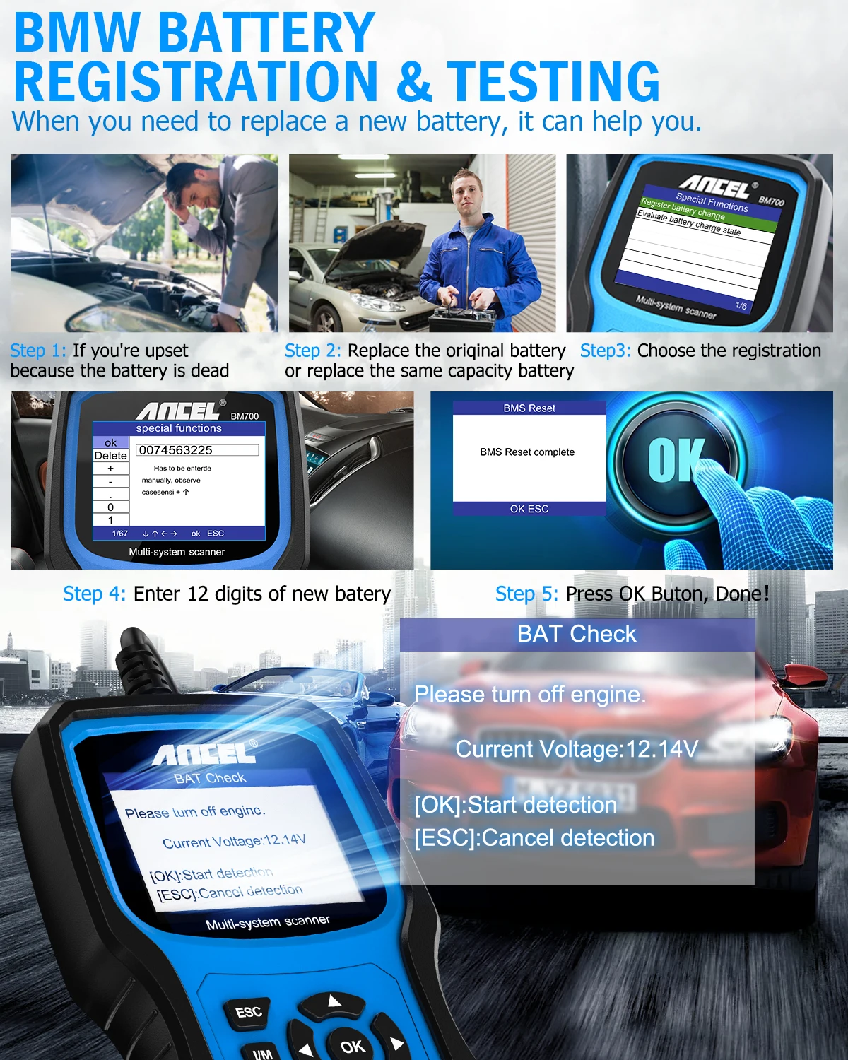 ANCEL BM700 OBD2 Сканер для MINI EPB SAS Airbag TPMS Батарея Сброс масла Автомобильный сканер
