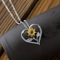 boho heart rhinstones sunflower pendant necklace romantic love sun flower charm chain jewelry gift for women accessories