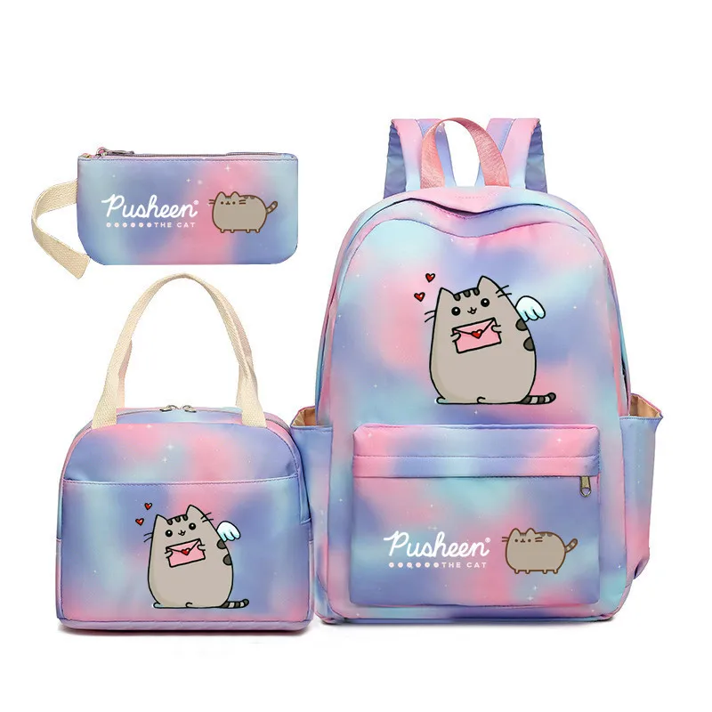 Фото Новая модель рюкзака Pusheen The Cat с градиентной радужной расцветкой для девочек, школьный рюкзак из трех частей для учеников начальной и средней школы. №2
