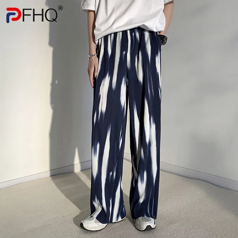 

PFHQ Tie Dyed Ice Silk Wide Leg Pants Casual Straight Leg Sports 2023 Male Trousers Loose Contrast Color Korean Fashion Elegant