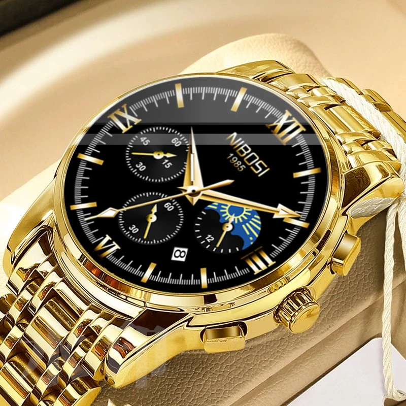 

NIBOSI Gold Sports Quartz Mens Watches Top Brand Luxury Full Steel Waterproof Men Watch with Date Chronograph Luminous Hands