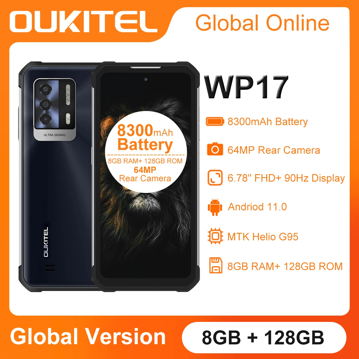 OUKITEL WP17 IP68 Waterproof Rugged Smartphone 8GB+128GB 8300mAh IR Night-vision Camera  Android 11 6.78 FHD+ NFC Mobile Phone