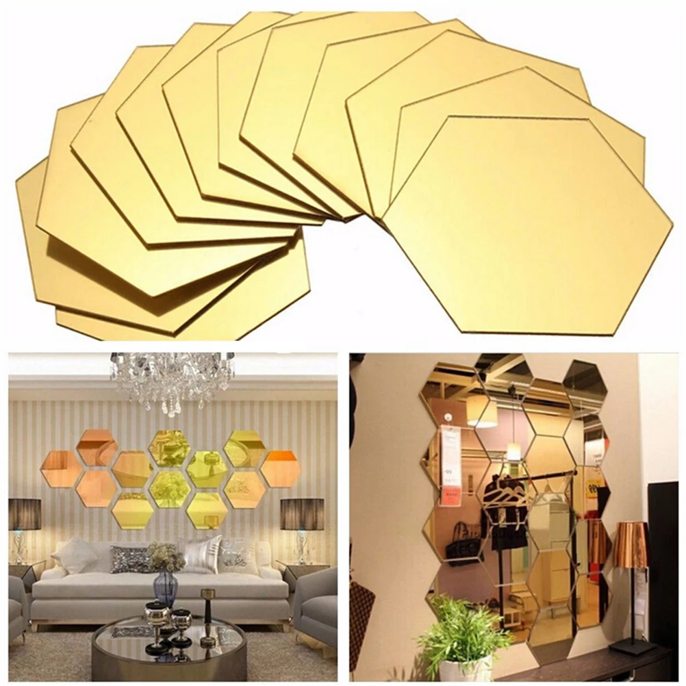 

12pcs/set Hexagon Mirror Wall Sticker Gold Silver Acrylic Crystal Stereo Mirror Sticker Diy Bedroom Living Room Sticker