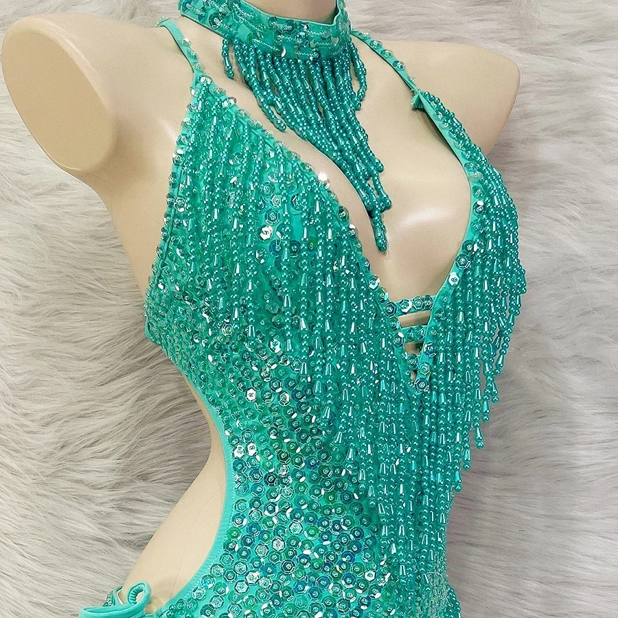 Новый Блестящий женский костюм с бисером и блестками Цельный боди бахромой