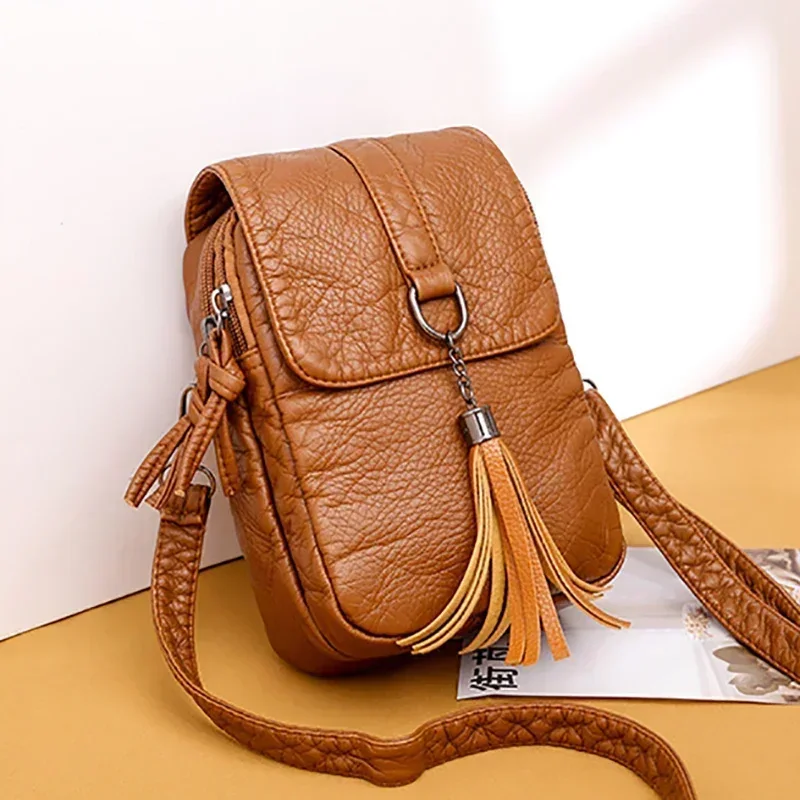 

Retro Color Phone High Soft Shoulder Bag Cell Women Bags For Handbags Solid Crossbody Purse Tassel Quality Leather