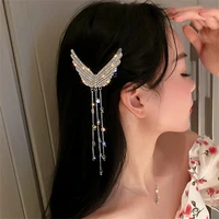 korean tassel crystal hairpin elegant rhinestone paved wing hair clip chain fairy hairgrip barrettes women girl hair accessories