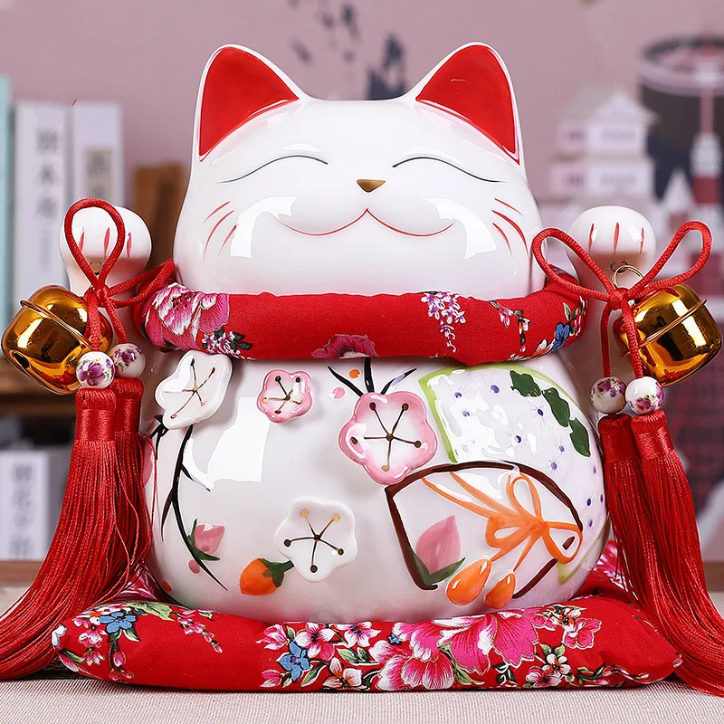 

10 inch Red Ceramic Manaki Neko Feng Shui Decor Lucky Cat Beckoning Cat Piggy Bank Business Gift Home Decoration Money Box