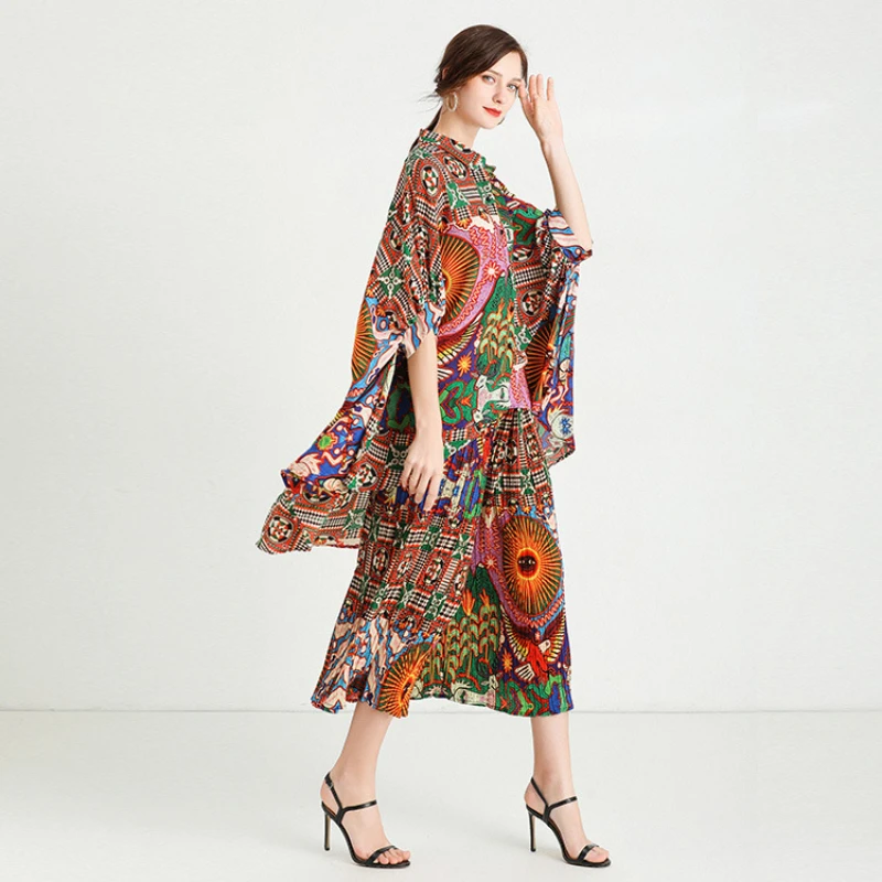 

Pant Suits Summer Women's Fashion Chiffon Printed Two Piece Set Turn Down Collar Single Breasted Hi-Lo Shirt + Wide Leg Trousers