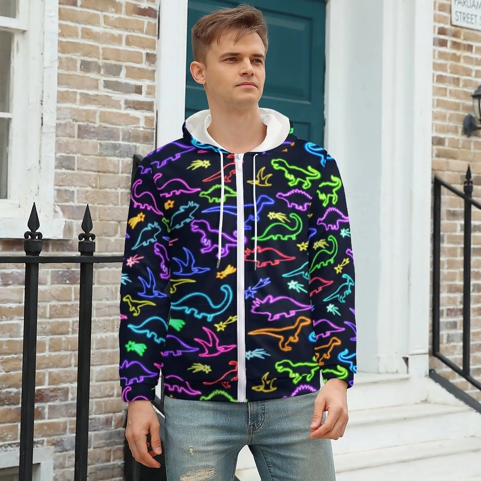 

Neon Dinosaurs Hoodie Rainbow Dinosaur Cartoon Pinrt Popular For Man Hoodies For Man Winter Zip Up Hoodie Big Size