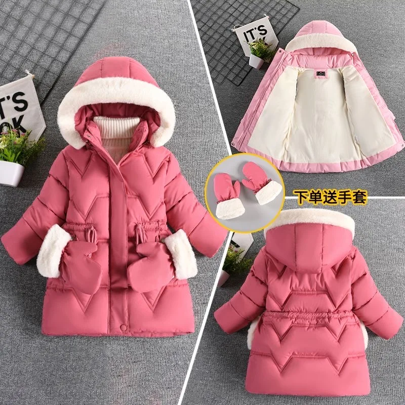 

2-8 Years Warm Winter Girls Jacket Fur Collar Removable Hat Plush Lining Heavy Hooded Kids Coat Children Outerwear Send Gloves