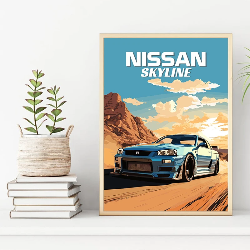 Японский Nissan Skyline R34 автомобильный Пейзаж Плакат и принты на холсте картина стену