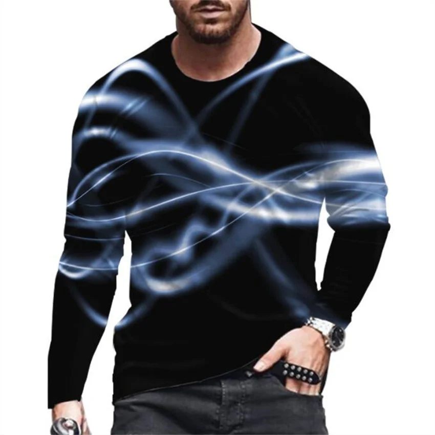 

European and American spring and summer youth Men's T-shirt Casual Aurora 3D printed long sleeve men's pullover T-shirt