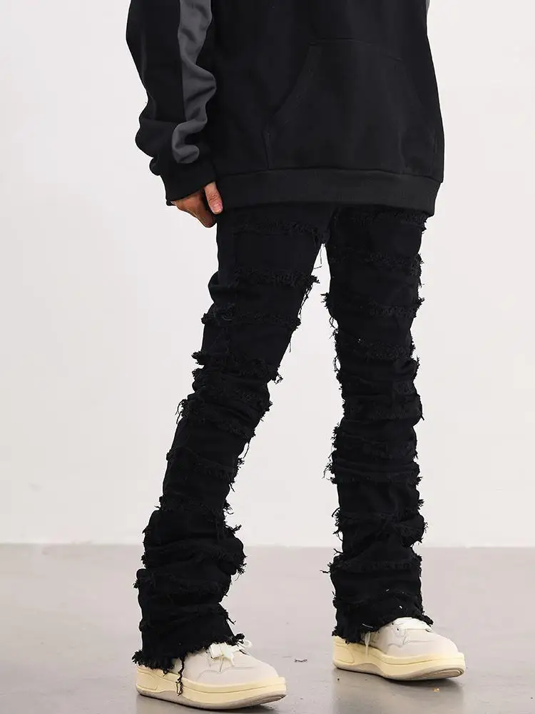 ADAgirl Black Ripped for Jeans Pants Women Y2k Tassel Flared High Street Denim Trousers Full Length Tassel Solid Color Casual