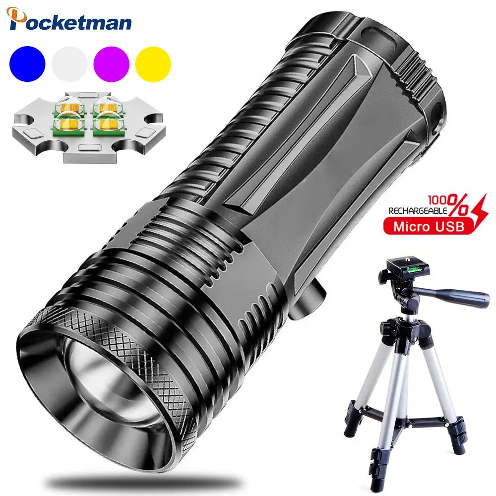 

Новинка, 4 источника света, синий светильник/фиолетовый светильник/желтый свет, 4 светодиода, фонарик для рыбалки, водонепроницаемый USB фонар...