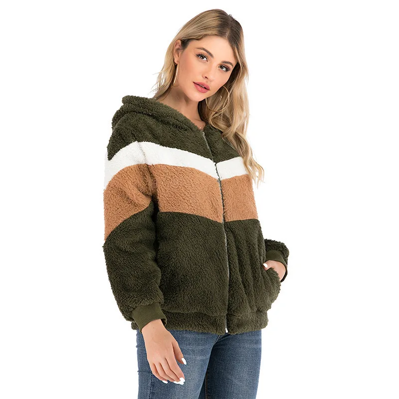 

2022 autumn and winter new women's plush sweater zipper cardigan contrast color woolen coat top
