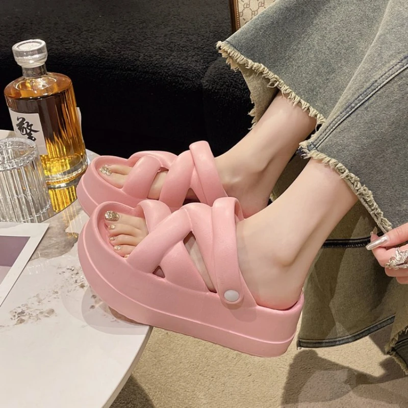 Summer New EVA Thick Sole Heightened Women's Sandals with Simple Crossover and Thick Sole Solid Color Two Wear Casual Sandals