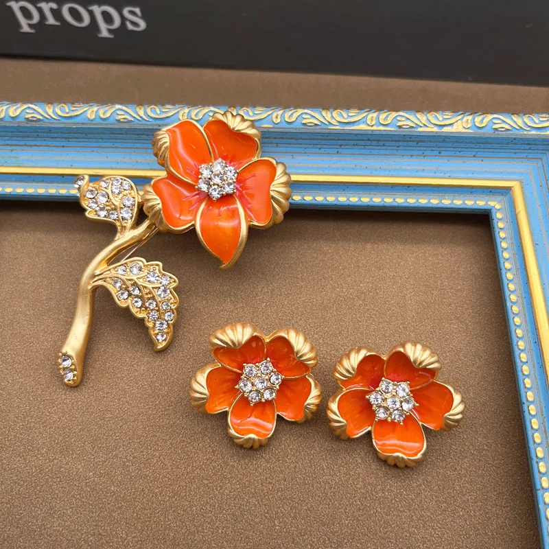 

Orange Flower Earrings Clip Rhinestone Accessories Elegant For Women Modern Jewelry