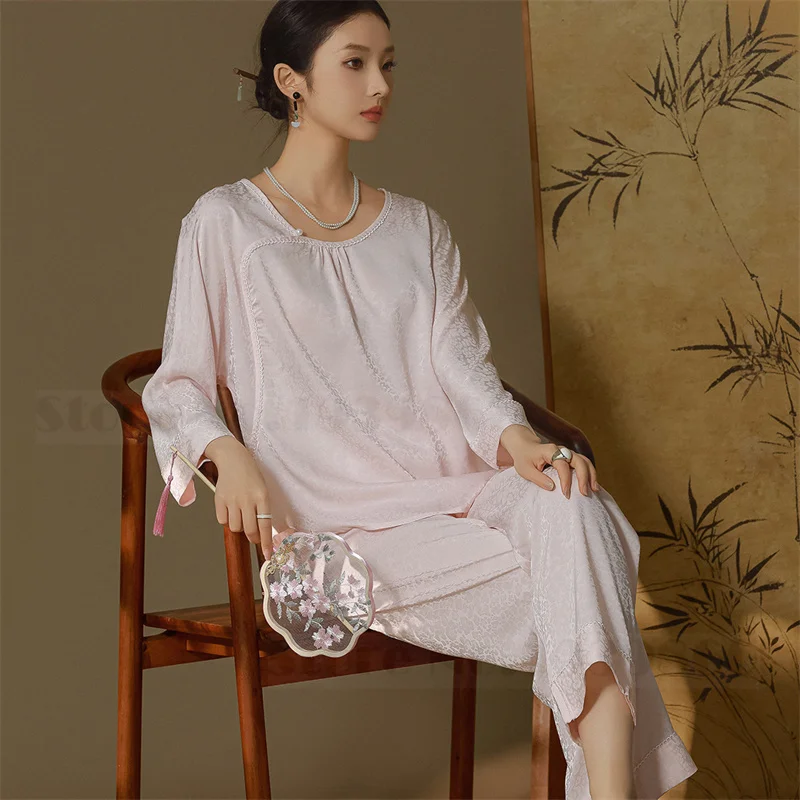 Пижамный комплект Женский в китайском стиле жаккардовые атласные брюки