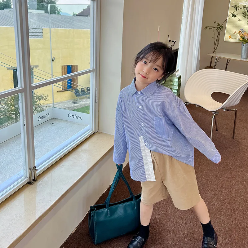 

Модные полосатые рубашки с длинным рукавом для девочек, детская хлопковая Свободная Повседневная рубашка контрастных цветов для девочек