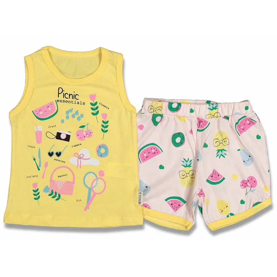 

Picnic Printed Yellow 2'li Suspenders Female Baby Suit