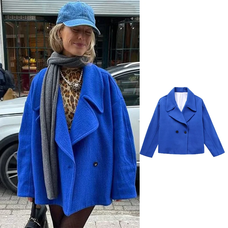 

TRAF 2023 New Woolen Coat For Women Button Coat Long Sleeve Warm Elegant Woolen Coat Fashion Ladies Short Length Overcoat