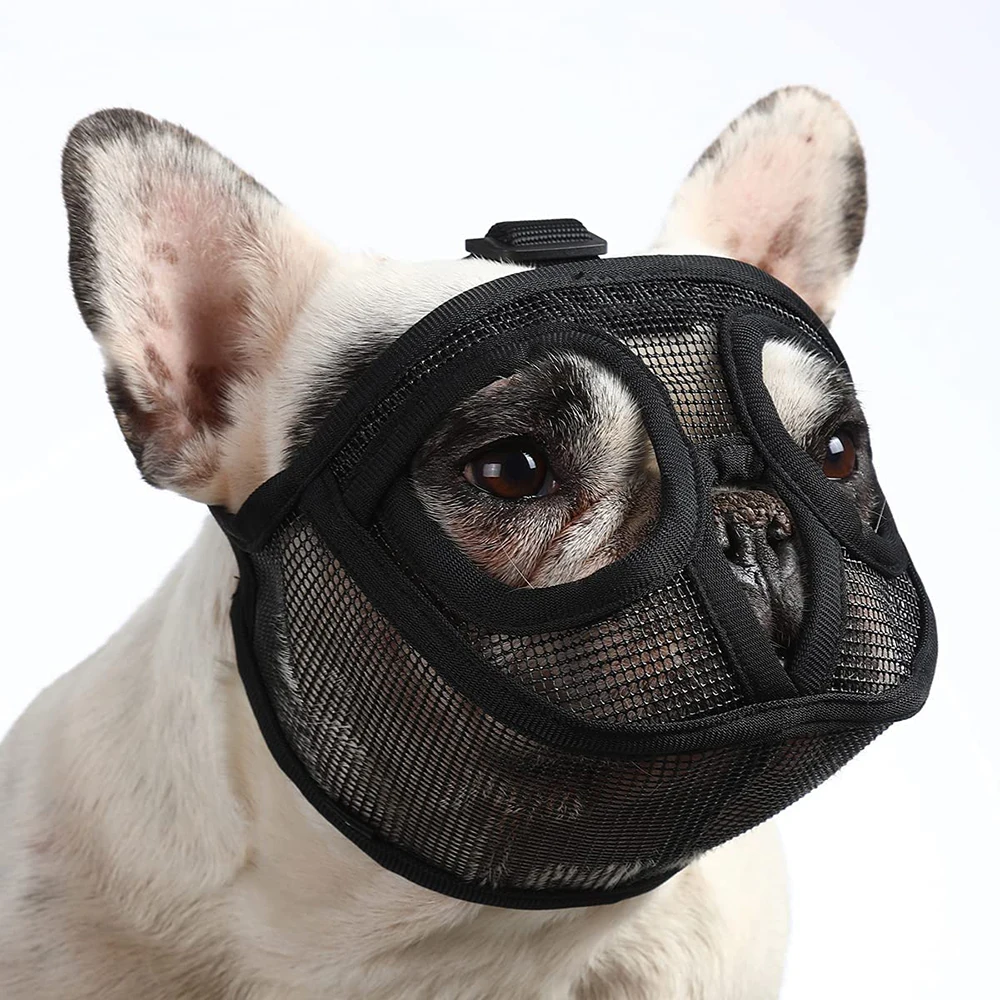

Short Snout Dog Muzzle Mesh Bulldog Muzzle Anti-Biting Barking Chewing Adjustable Muzzle with Tongue Out Design for Barking