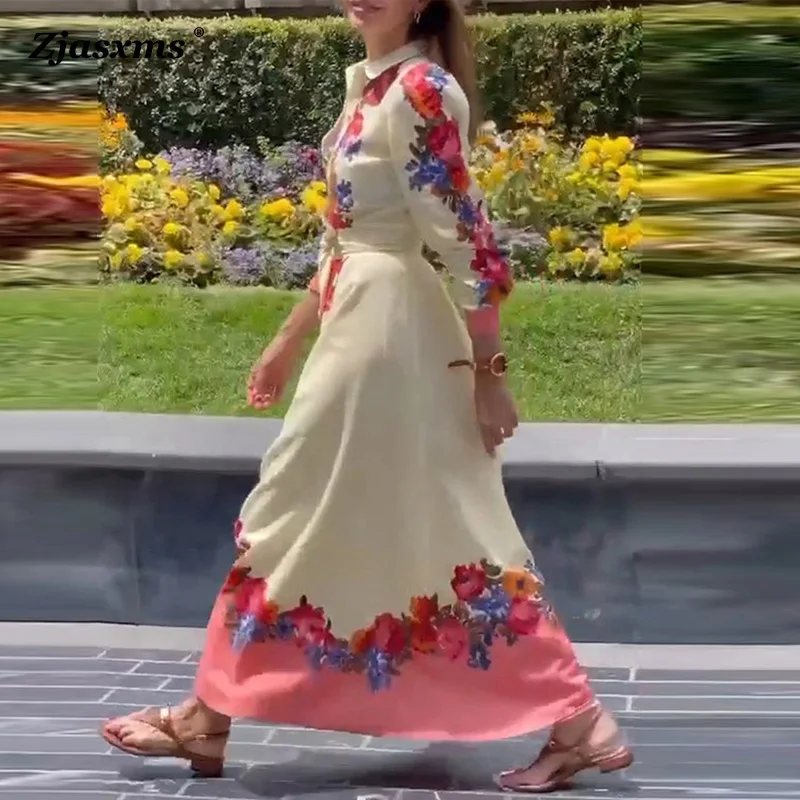 

Elegant Female Button Lace-up Belt Shirt Dress Retro Single-Breasted Dress Autumn Women Lapel Floral Print Long Sleeve Fall Robe