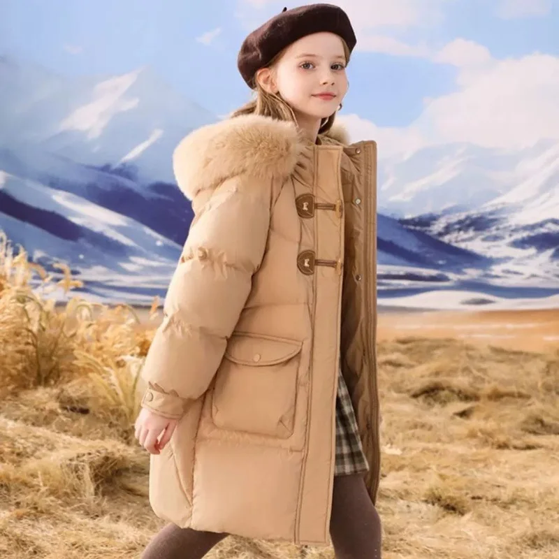 Зимняя куртка для девочек сохраняющая тепло съемная шапка пальто с меховым