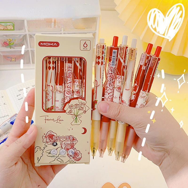 

0.5mm Press Black Gel Pens Delicate Flower Appearance Carbon Smooth Pens 6PCS/box Student Stationery Office Accessories