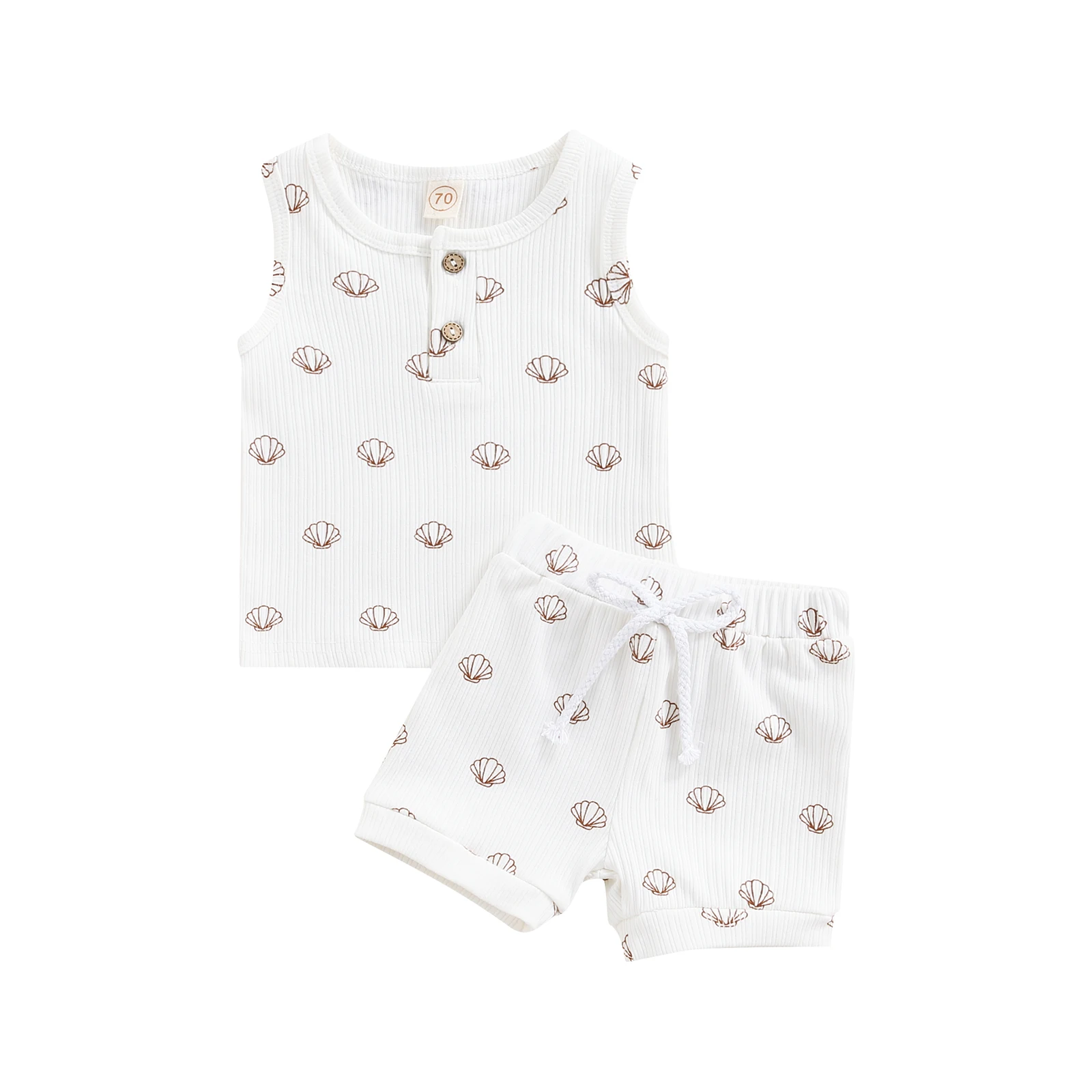 

Kids Unisex Baby Clothing Summer Cotton Shorts Suit Shell Print Sleeveless Round Neck Tops Elastic Drawstring Shorts Birthday