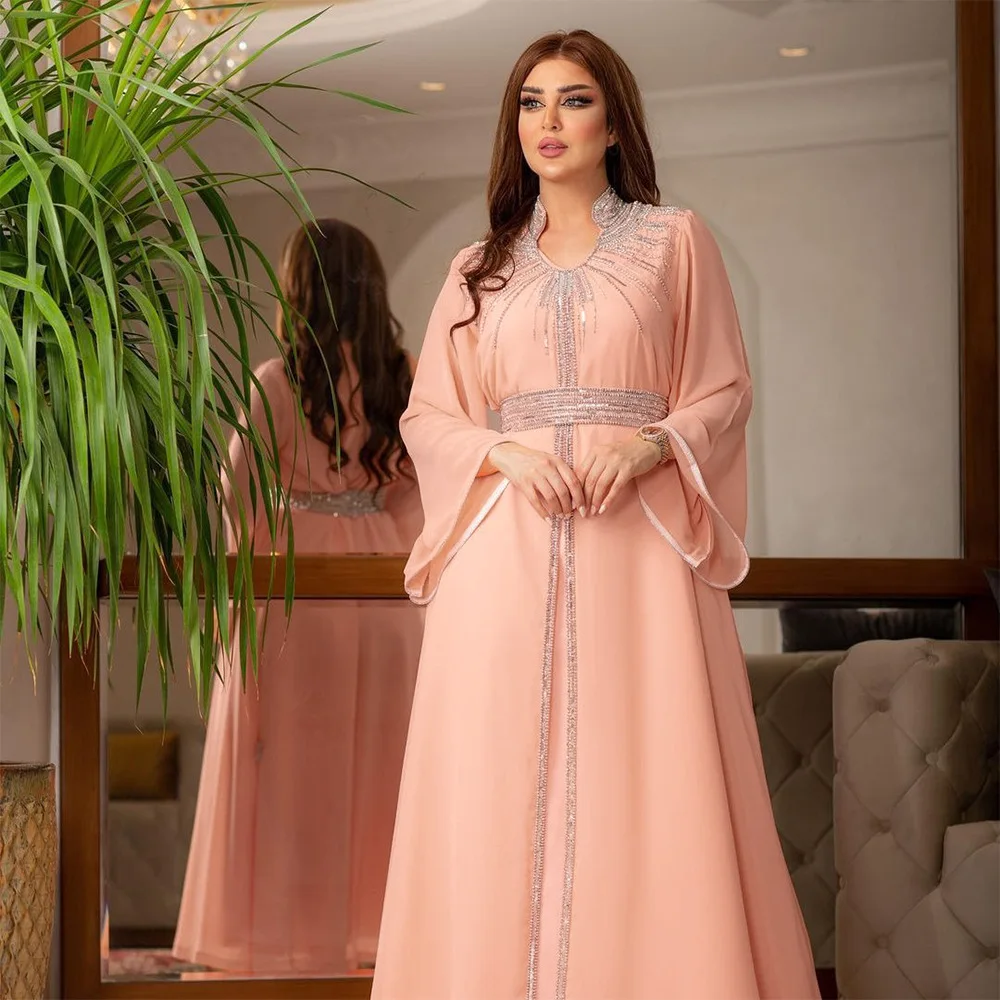 Women Spring Summer Muslim Fashion Middle East Turkey Seasonal Tempest Evening Dress Hot Diamond Belted Chiffon Dress Ramadan