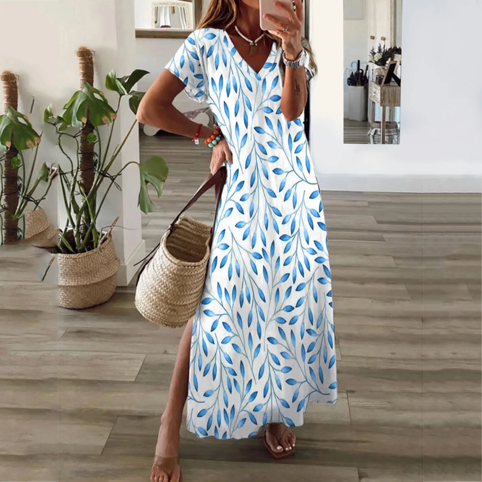 

Womens Fashion Dress Print V Neck Short Sleeve Long Slim Dress Tunic Dresses for Women