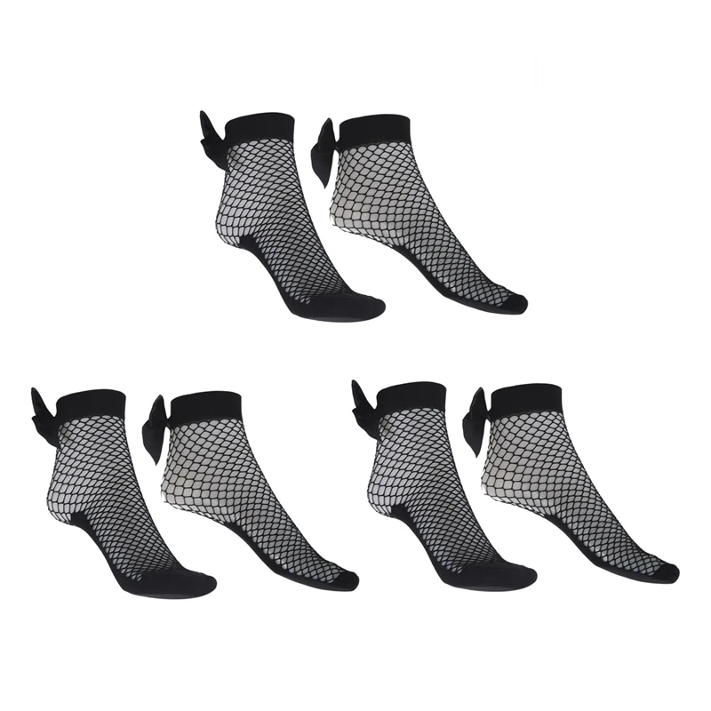 

3X Summer Women Fashion Bow Knot Fishnet Socks Short Hollow Out Mesh Sock-Black