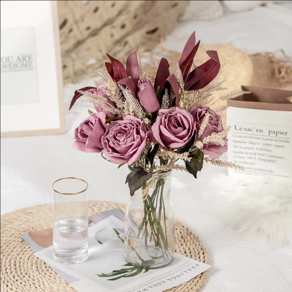 

Artificial Flowers Dried Rose Bouquet Silk Artificial Roses Flowers Wedding Home Autumn Decoration Fake Flower Arrangement Bulk