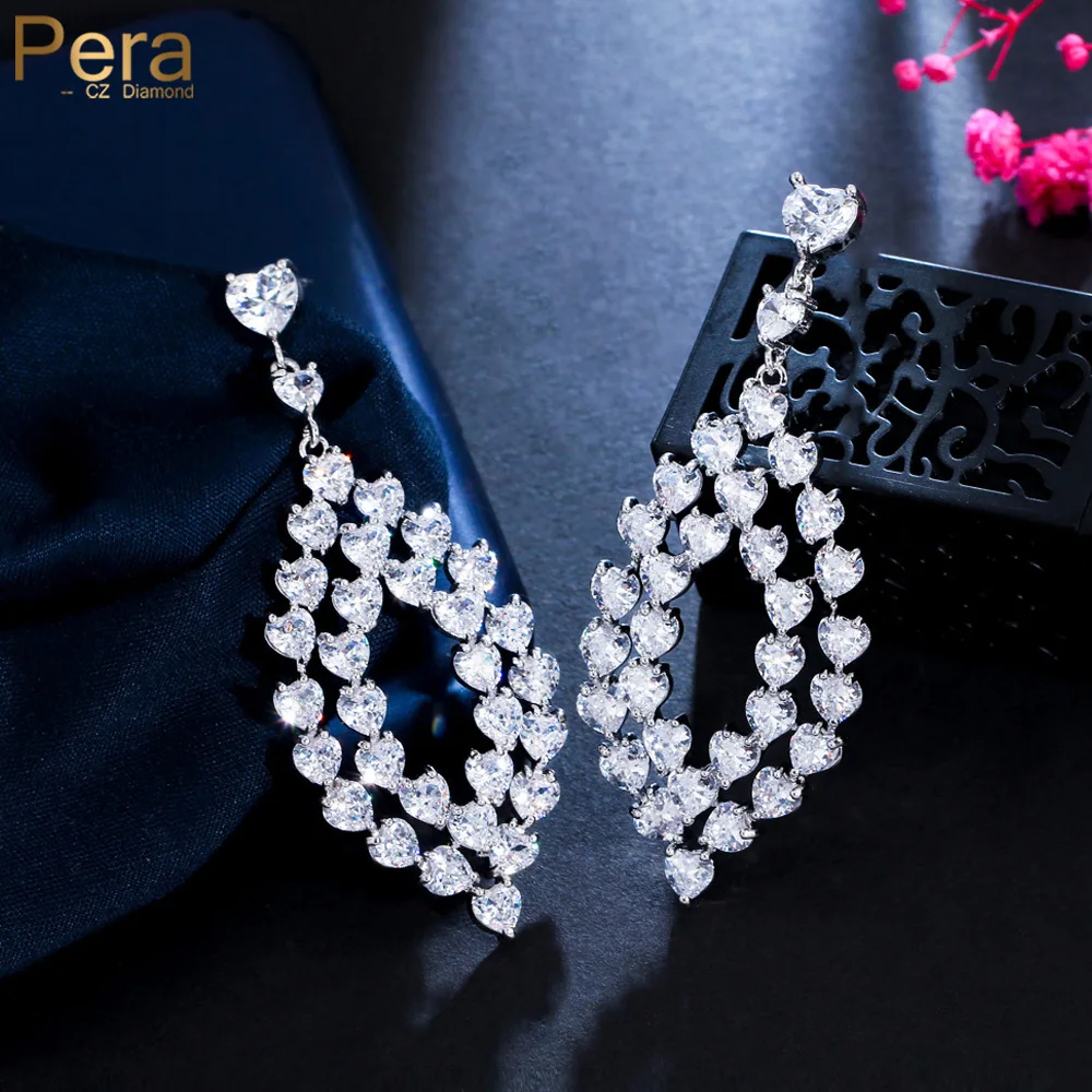 

Pera Wonderful Shiny Cubic Zirconia Silver Color Long Cute Love Heart Charm Dangle Earring for Bridal Party Wedding Jewelry E926