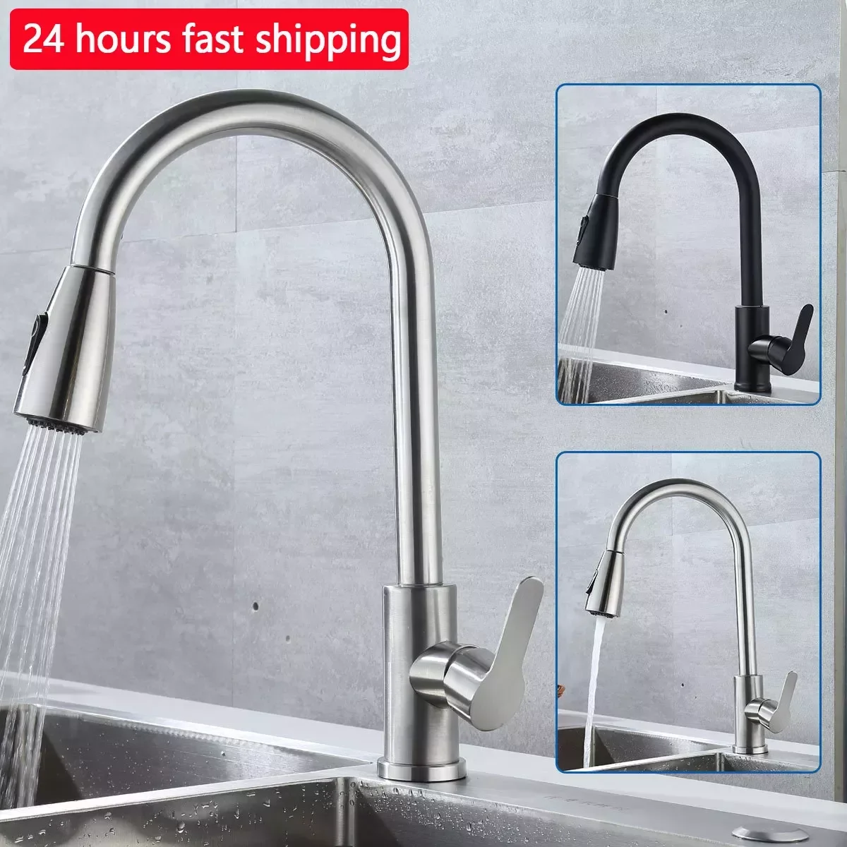 

Kitchen Faucet Stainless Steel Faucets Hot Cold Water Mixer Tap 2 Function Stream Sprayer Single Handle Pull Out Kitchen Taps