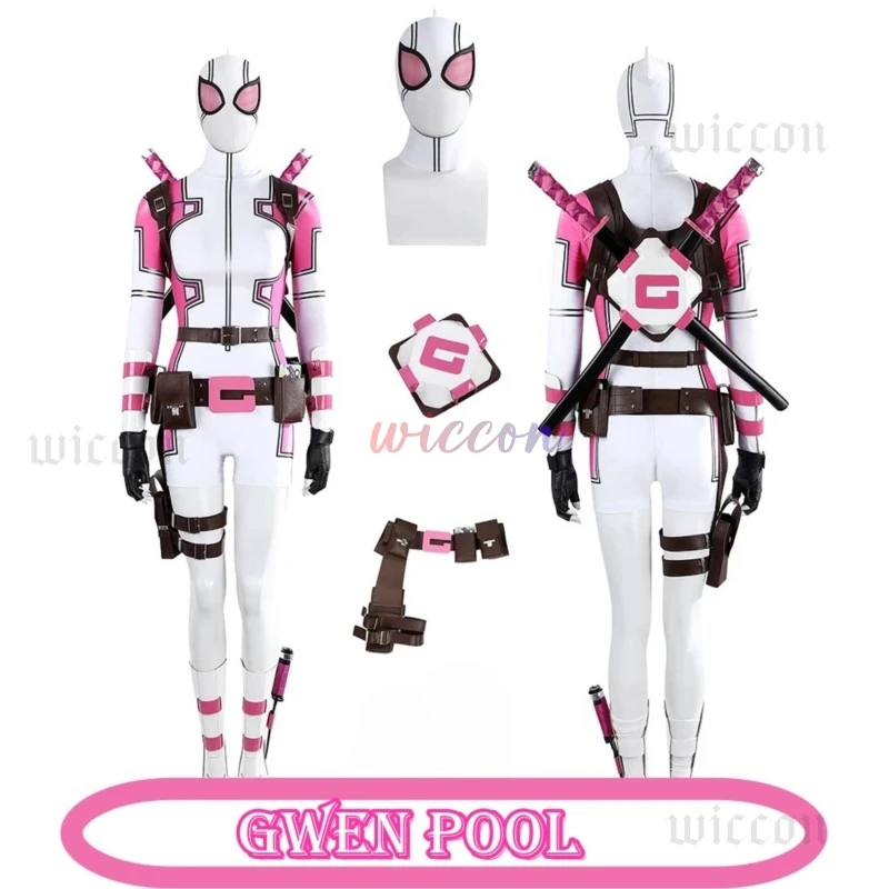 Костюм для косплея Gwenpool розовый белый цвет боди бассейна с поясом женский костюм